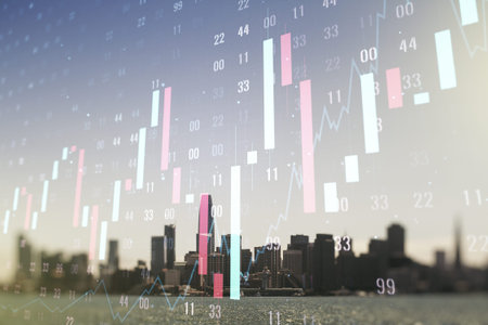 Double exposure of abstract creative financial chart hologram on San Francisco skyscrapers...