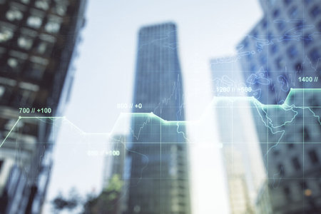 Double exposure of abstract virtual statistics data hologram on modern skyscrapers background,...