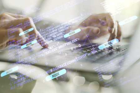 Multi exposure of abstract programming language hologram with world map and hands typing on computer...
