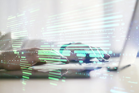 Multi exposure of abstract creative digital world map and hands typing on computer keyboard on...