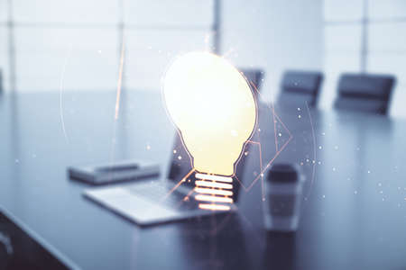 Creative light bulb illustration on modern computer background, future technology concept. Multiexposureの写真素材