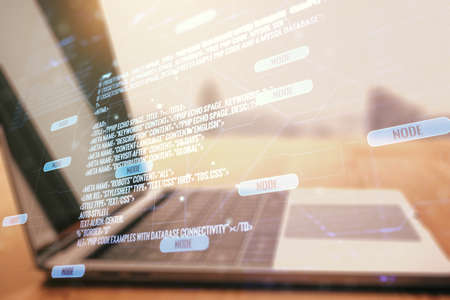 Multi exposure of abstract programming language hologram on computer background, artificial intelligence and machine learning conceptの写真素材