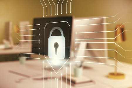 Creative idea concept with lock symbol and microcircuit illustration on modern laptop background....