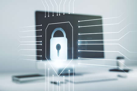 Creative lock sketch with chip hologram on modern laptop background, protection of personal data concept. Multiexposureの写真素材