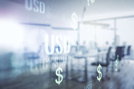 Double exposure of virtual USD symbols hologram on modern corporate office background. Banking and investing conceptの写真素材