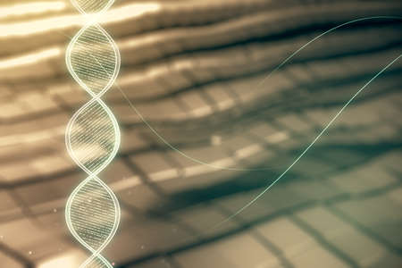 DNA hologram on abstract metal background, science and biology concept. Multiexposureの写真素材