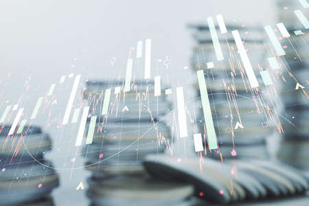 Multi exposure of virtual abstract financial graph interface on coins background, financial and trading conceptの写真素材