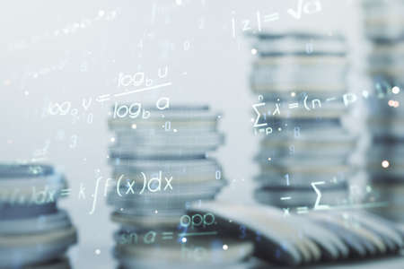 Scientific formula illustration on coins background, science and research concept. Multiexposureの写真素材