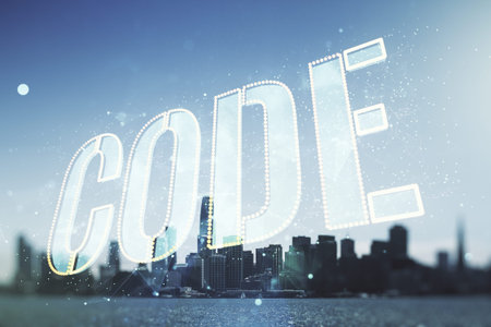Code word hologram on San Francisco cityscape background, international software development...