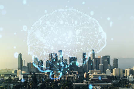Virtual creative artificial Intelligence hologram with human brain sketch on Los Angeles skyline background. Multiexposureの写真素材