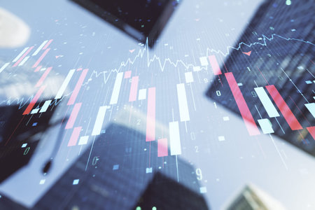 Economic crisis chart and world map hologram on modern architecture background, bankruptcy and...