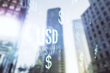 Virtual USD symbols illustration on office buildings background. Trading and currency concept. Multiexposureの写真素材