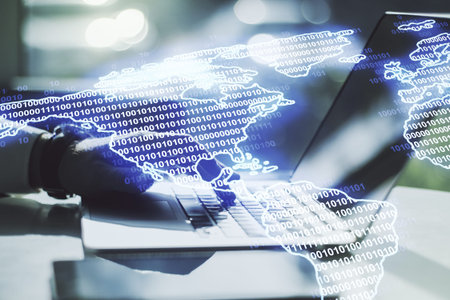 Digital America map and hands typing on laptop on background, international trading concept....