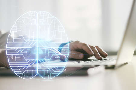 Double exposure of creative human brain microcircuit with hand typing on computer keyboard on background. Future technology and AI conceptの写真素材