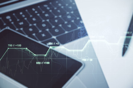 Double exposure of abstract creative statistics data hologram on computer background, analytics and...