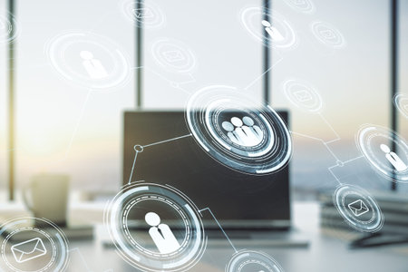 Double exposure of social network icons concept with modern laptop on background. Marketing and...