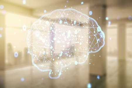 Double exposure of creative artificial Intelligence interface on empty modern office background. Neural networks and machine learning conceptの写真素材