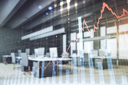 Multi exposure of abstract virtual financial graph hologram on a modern furnished office background, forex and investment conceptの写真素材