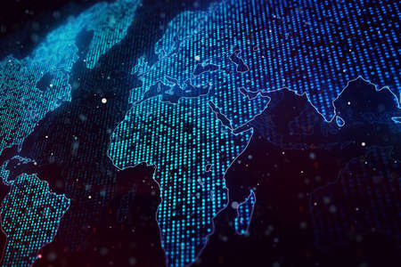 Abstract digital world map on blue background, big data and blockchain concept. 3D Renderingの写真素材