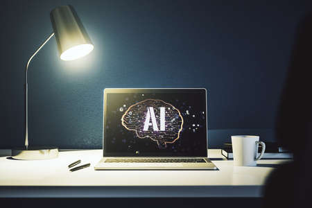 Modern computer monitor with creative artificial Intelligence symbol. Neural networks and machine learning concept. 3D Renderingの写真素材