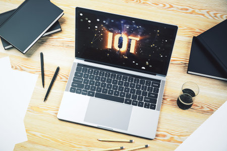Creative IOT concept on modern laptop screen. 3D Rendering