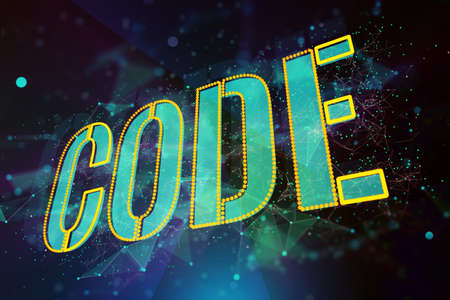 Code word hologram on dark background, international software development concept. 3D Renderingの写真素材