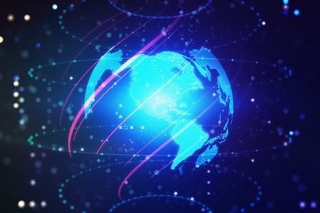 Virtual digital map of North America on blue background, international trading concept. 3D Rendering