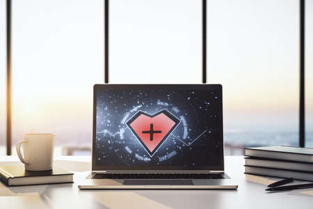 Creative abstract heart rate sketch on modern laptop monitor, Medicine and healthcare concept. 3D Renderingの写真素材