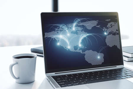 Modern computer monitor with abstract digital world map with connections, research and strategy concept. 3D Renderingの写真素材