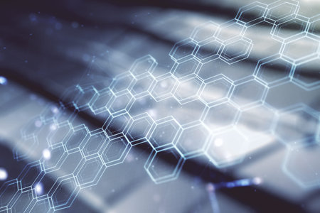 Abstract virtual wireless technology hologram with hexagon on abstract metal background, artificial...