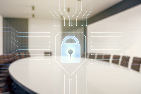 Virtual creative lock sketch with chip hologram on a modern boardroom background, protection of...
