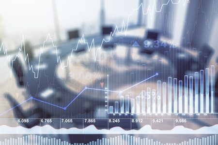 Multi exposure of virtual creative financial chart hologram on a modern meeting room background,...