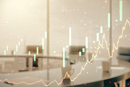 Double exposure of abstract creative financial chart hologram on a modern meeting room background,...