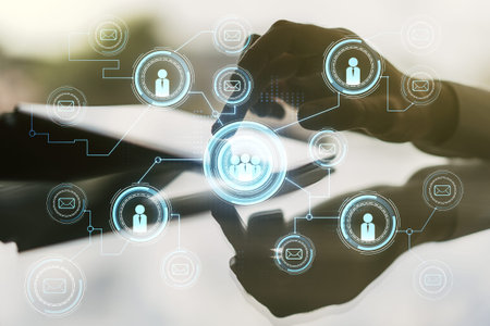 Social network concept with finger clicks on a digital tablet on background. Multiexposure