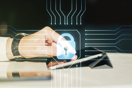 Creative lock illustration with microcircuit and finger presses on a digital tablet on background,...