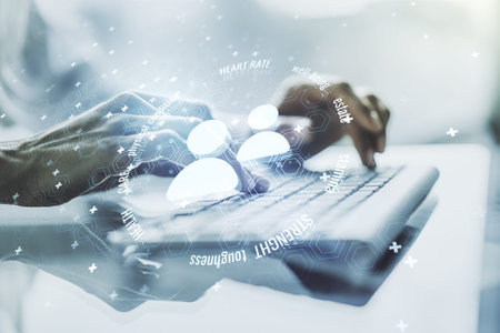Creative abstract people icons hologram and hands typing on computer keyboard on background, life...