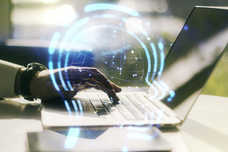 Creative artificial Intelligence concept with human head sketch and hands typing on computer...