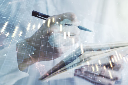 Multi exposure of abstract creative financial chart with world map and with man hand writing in...