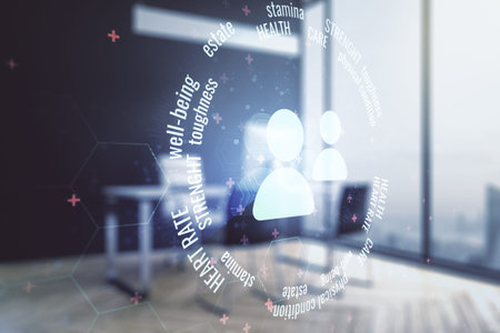 Creative concept of people icons and modern desktop with computer on background. Life and health...