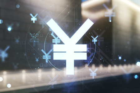 Abstract virtual Japanese Yen symbol hologram on blurry contemporary office building background,...