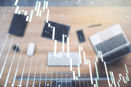 Multi exposure of abstract creative financial chart on computer background, research and analytics...