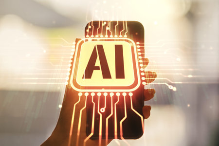 Creative artificial Intelligence symbol concept and hand with phone on background. Multiexposure