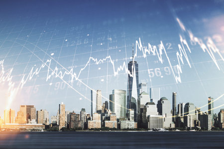 Multi exposure of virtual abstract financial diagram on Manhattan office buildings background,...