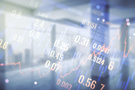 Multi exposure of virtual abstract financial graph interface on modern interior background,...