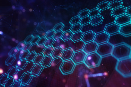Abstract virtual technology illustration with hexagon grid on blue background, future technology and...