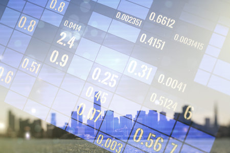 Multi exposure of abstract statistics data hologram interface on San Francisco office buildings...