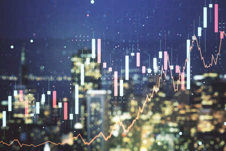 Double exposure of abstract creative financial chart hologram on blurry cityscape background,...