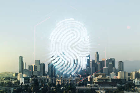 Double exposure of virtual creative fingerprint hologram on Los Angeles city skyscrapers background, research and development conceptの写真素材