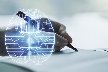 Creative artificial Intelligence concept with human brain hologram and man hand writing in notebook...