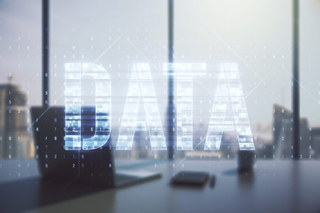 Creative Data word sign and modern desktop with computer on background. Multiexposure